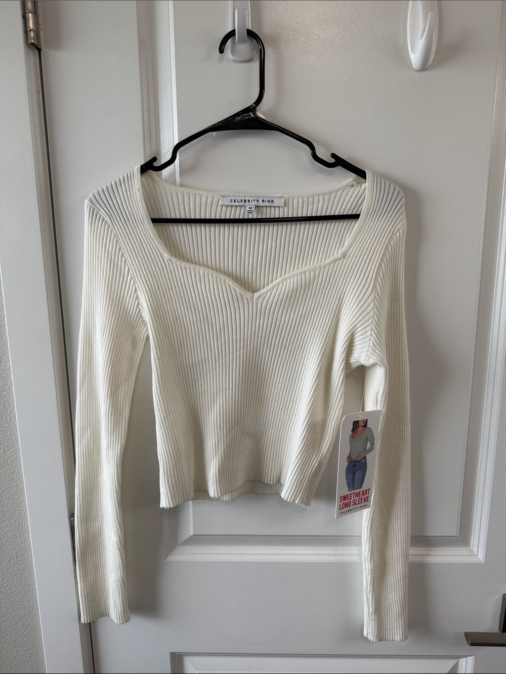 Celebrity Pink Cream Ribbed Sweetheart Long Sleeve Top
